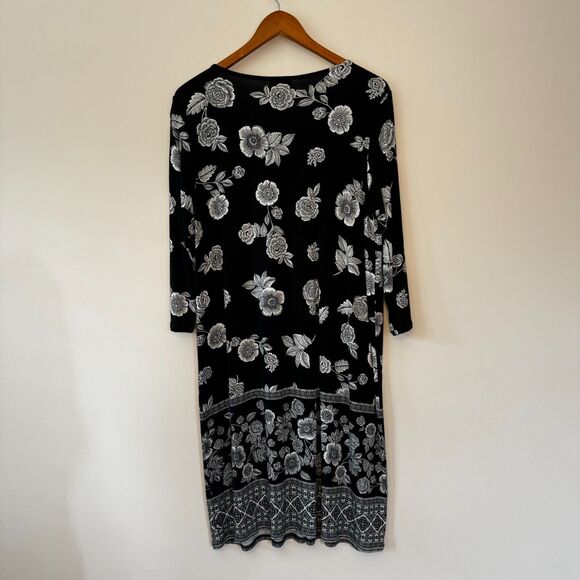 J. Jill Women's Black and White Floral 3/4 Sleeve Knee Length Dress Size Medium - Picture 5 of 6